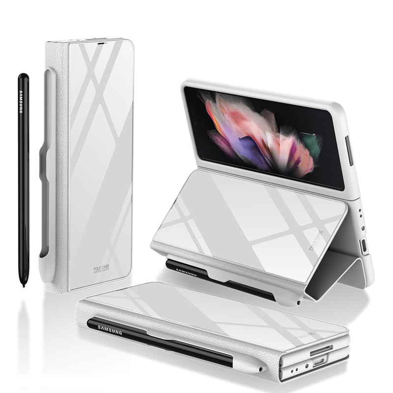 Luxury Leather & Tempered Glass Flip Stand Case For Galaxy Z Fold - casetiphone