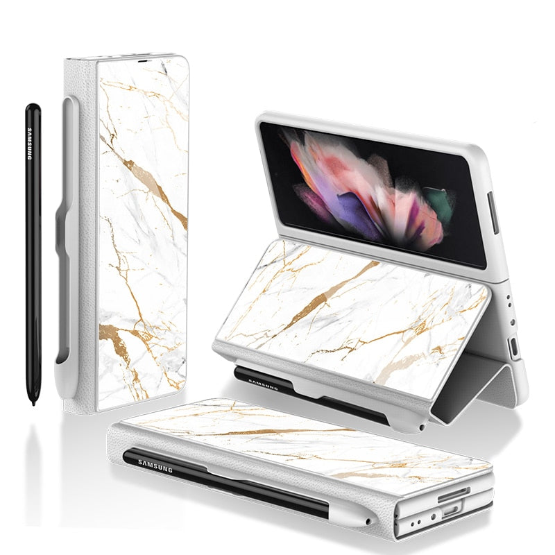 Luxury Leather & Tempered Glass Flip Stand Case For Galaxy Z Fold - casetiphone